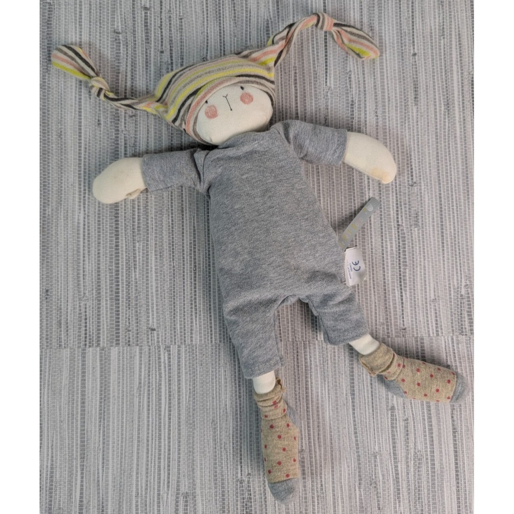 Moulin Roty Les Petits Dodos Nin Nin Bunny Plush Rag Doll Gray Striped Hat Toy